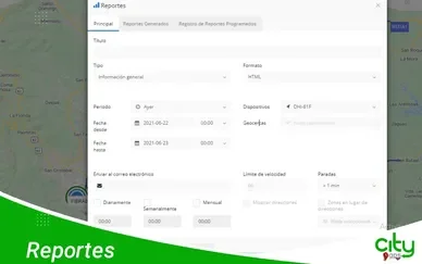 Reportes de kilometraje, velocidad y combustible con gráficas exportables